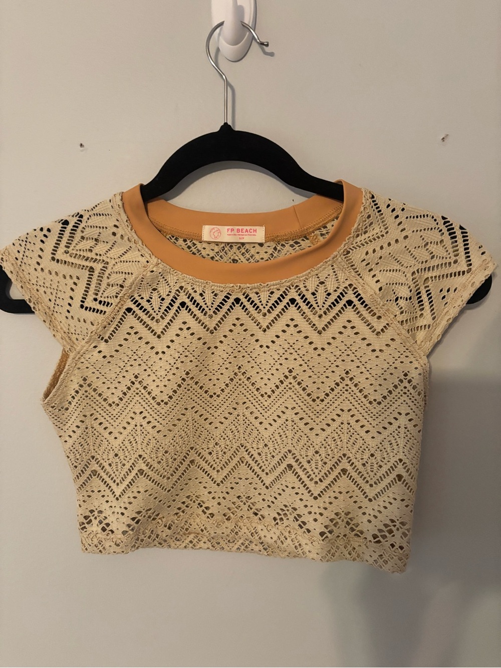 Free People Cream Crochet Crop Top with Mustard Neckline